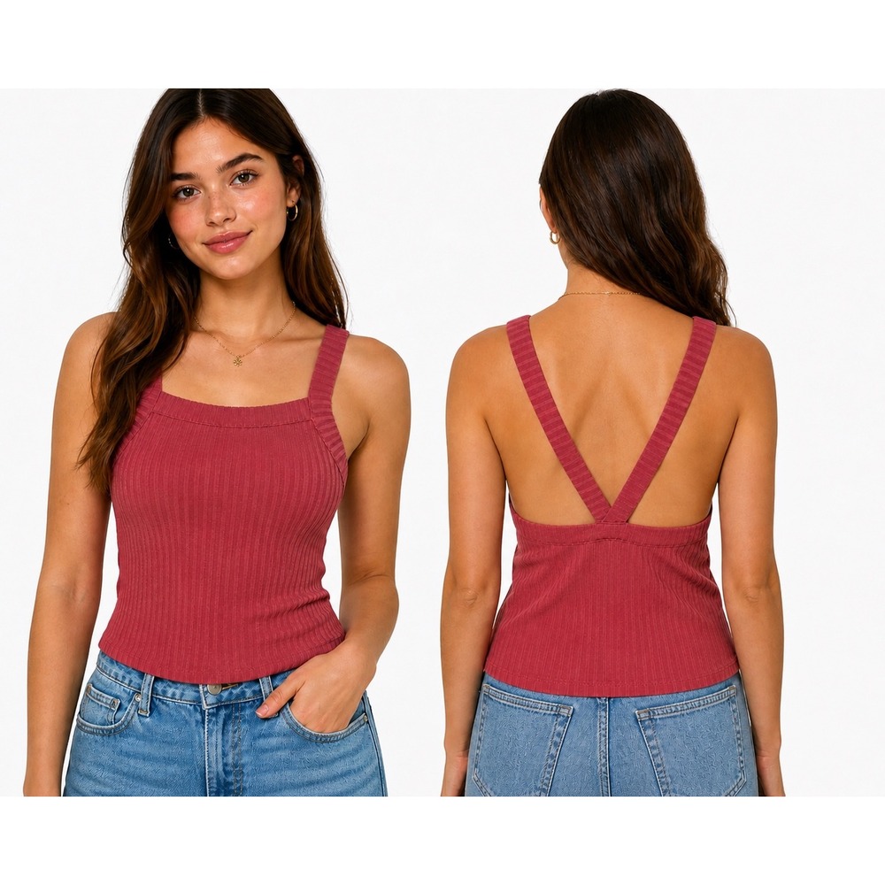 Me To We Ribbed Tank Top Womens Medium Pink Square Neck Crisscross Back Fitted